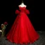 Elegant Red Beading Lace Flower Appliques Prom Dresses 2023 Ball Gown Spaghetti Straps Rhinestone Short Sleeve Backless Floor-Length / Long Prom Formal Dresses