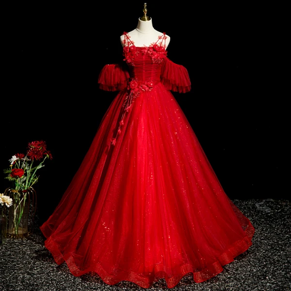 Gorgeous Beading Short Sleeves Floral Appliques Prom Dress