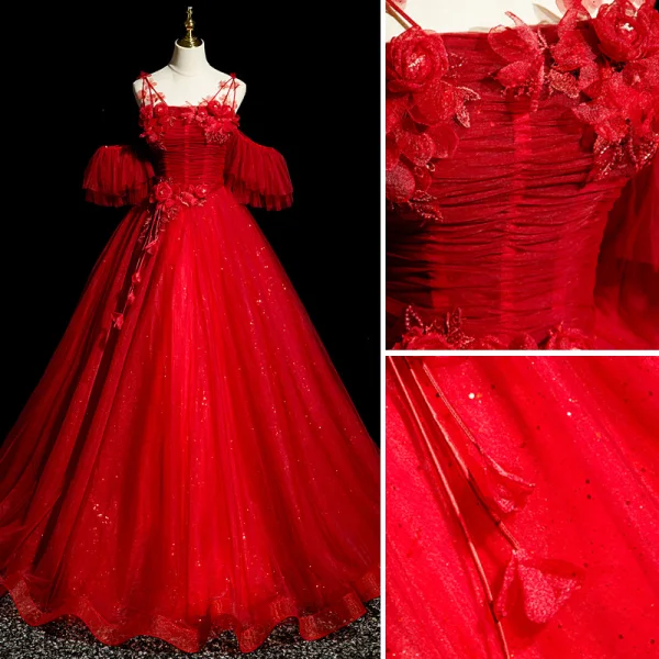 Elegant Red Beading Lace Flower Appliques Prom Dresses 2023 Ball Gown Spaghetti Straps Rhinestone Short Sleeve Backless Floor-Length / Long Prom Formal Dresses
