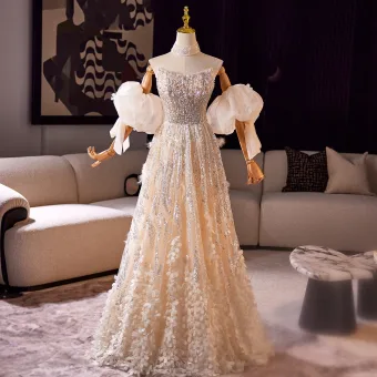 Charmant Bling Bling Champagne Kralen Rhinestone Appliques Galajurken 2025 A Lijn Strapless Korte Mouwen Ruglooze Lange Gelegenheid Jurken