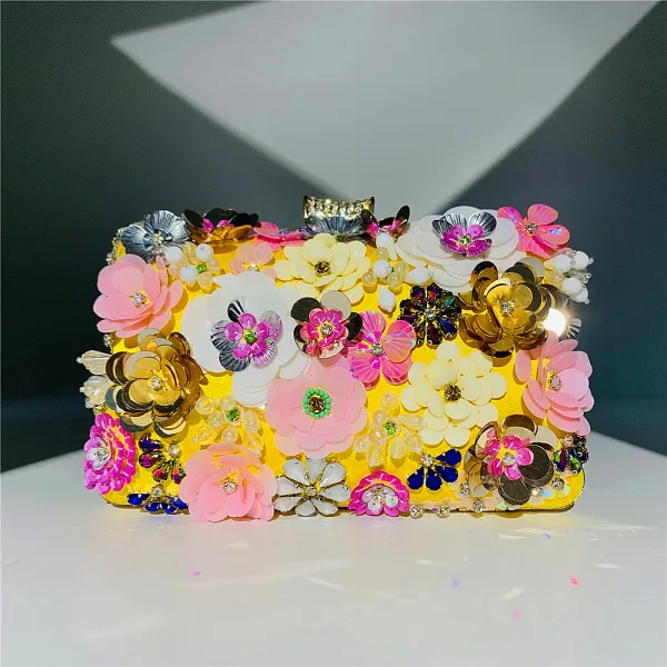 Chic / Beautiful Yellow Rhinestone Pearl Sequins Outdoor / Garden Clutch Bags 2023 Satin