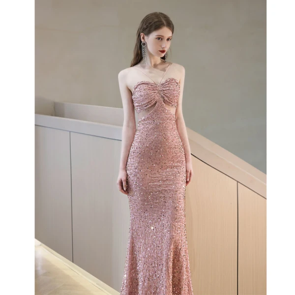 Glitzernden Rosa Pailletten Abendkleider 2023 Bandeau Meerjungfrau Ärmellos Rückenfreies Lange Abend Festliche Kleider