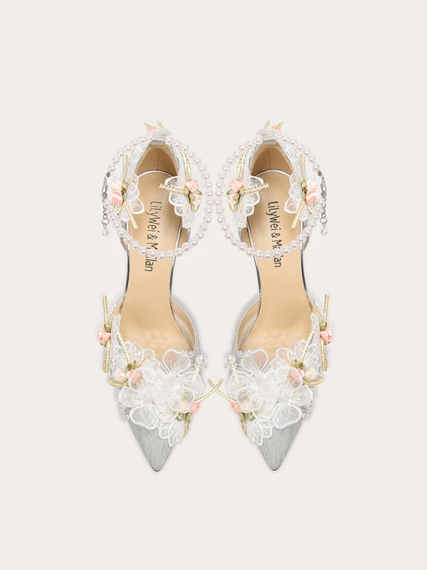 Moderne / Mode Argenté En Dentelle Fleur Appliques Chaussure De Mariée 2023 Cuir Perle Bride Cheville 10 cm Talons Aiguilles À Bout Pointu Mariage Talons Hauts