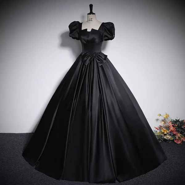 Elegant Black Satin Prom Dresses 2023 Ball Gown Square Neckline Puffy Short Sleeve Bow Backless Floor-Length / Long Prom Formal Dresses