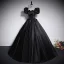 Elegant Black Satin Prom Dresses 2023 Ball Gown Square Neckline Puffy Short Sleeve Bow Backless Floor-Length / Long Prom Formal Dresses