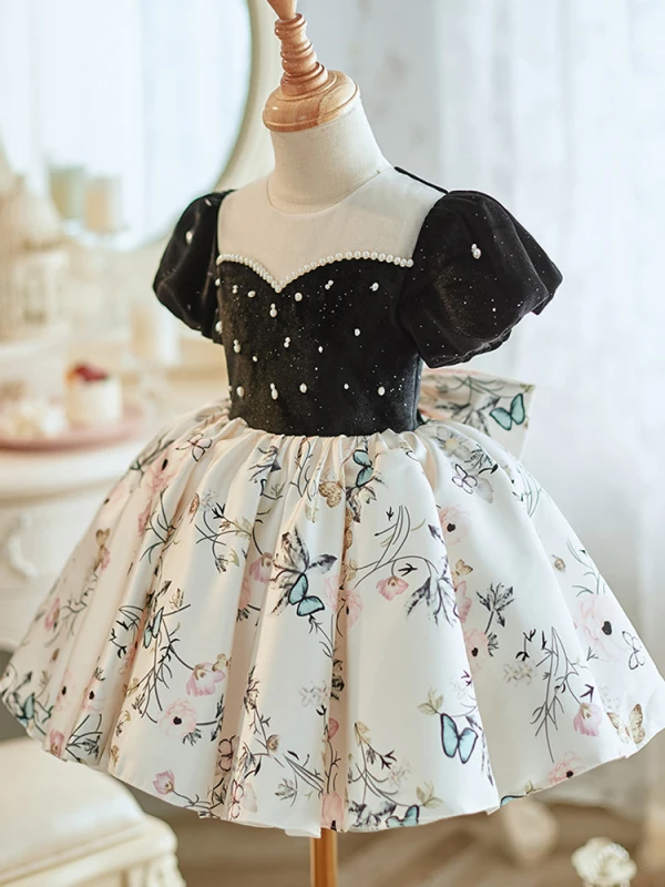 Chic / Beautiful Black Pearl Printing Birthday Flower Girl Dresses 2023 Ball Gown Scoop Neck Short Sleeve Bow Short