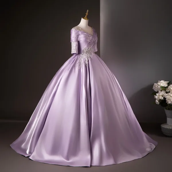 Vintage / Retro Elegant Lavender Beading Sequins Prom Dresses 2025 Ball Gown Scoop Neck Short Sleeve Backless Floor-Length / Long Formal Dresses