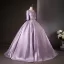 Vintage / Retro Elegant Lavender Beading Sequins Prom Dresses 2025 Ball Gown Scoop Neck Short Sleeve Backless Floor-Length / Long Formal Dresses