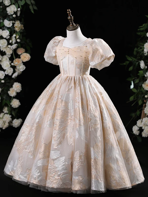 Chic / Beautiful Khaki Glitter Printing Pearl Rhinestone Birthday Flower Girl Dresses 2024 Ball Gown Scoop Neck Puffy Short Sleeve Floor-Length / Long