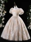 Chic / Beautiful Khaki Glitter Printing Pearl Rhinestone Birthday Flower Girl Dresses 2024 Ball Gown Scoop Neck Puffy Short Sleeve Floor-Length / Long