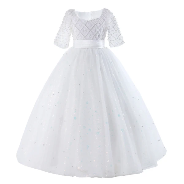 Chic / Beautiful White Beading Pearl Sequins Birthday Flower Girl Dresses 2024 Ball Gown Square Neckline Short Sleeve Floor-Length / Long