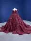 High-end Vintage / Retro Burgundy Handmade  Sequins Lace Flower Prom Dresses 2023 Ball Gown Halter 3/4 Sleeve Backless Chapel Train Formal Dresses