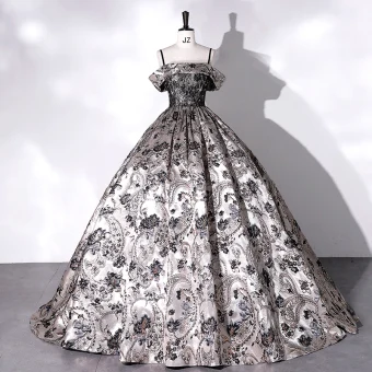 Vintage Retro Baroque Silver Lace Flower Satin Prom Dresses 2022 Ball Gown Spaghetti Straps Sleeveless Backless Beading Floor Length Long Formal Dresses