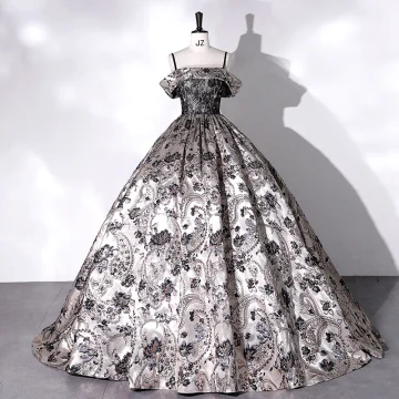 Vintage Retro Baroque Silver Lace Flower Satin Prom Dresses 2022 Ball Gown Spaghetti Straps Sleeveless Backless Beading Floor Length Long Formal Dresses