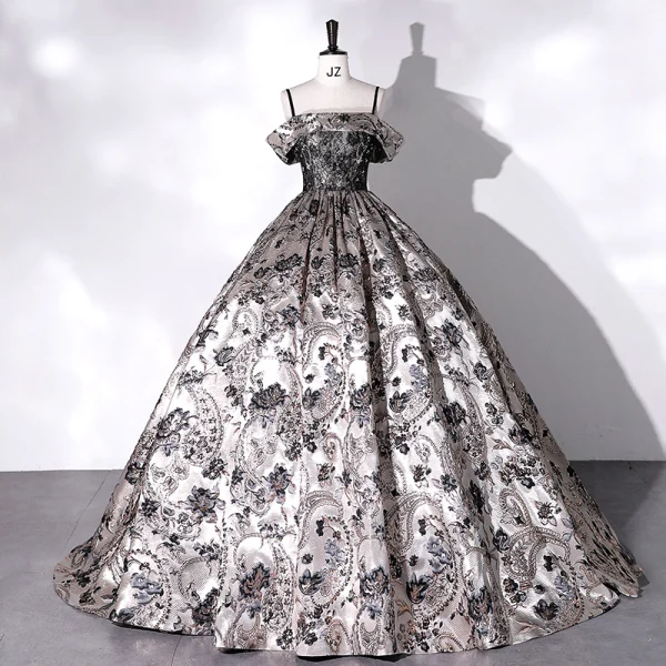 Vintage / Retro Baroque Silver Lace Flower Satin Prom Dresses 2022 Ball Gown Spaghetti Straps Sleeveless Backless Beading Floor-Length / Long Formal Dresses