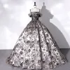 Vintage / Retro Baroque Silver Lace Flower Satin Prom Dresses 2022 Ball Gown Spaghetti Straps Sleeveless Backless Beading Floor-Length / Long Formal Dresses