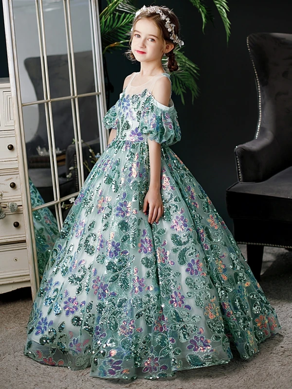 Vintage / Retro Green Sequins Birthday Flower Girl Dresses 2024 Ball Gown Scoop Neck Short Sleeve Floor-Length / Long