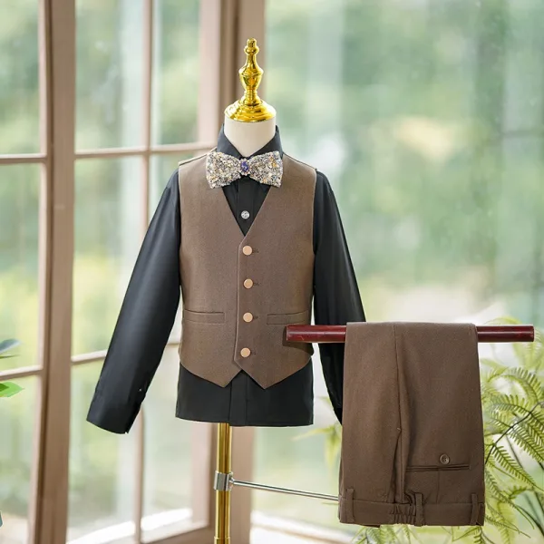 Café 5 pièces Manches Longues Costume Garçon Mariage 2025 Manteau Pantalon Chemise Cravate Gilet Mariage