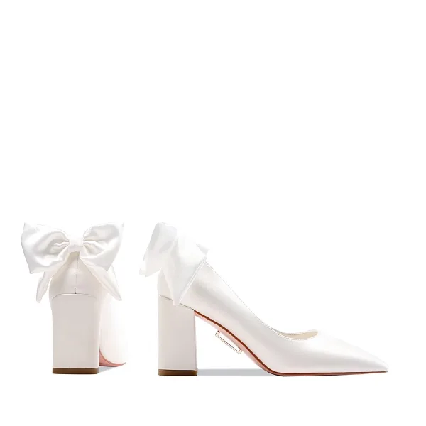 Elegante Weiß Leder Satin Schleife Brautschuhe 2023 7 cm Thick Heels Spitzschuh Hochzeit Pumps Hochhackige