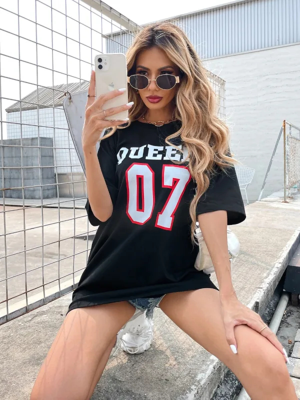 Fashion Women Black Tops Loose T-Shirts 2021 Printing Letter Graphic Cotton Scoop Neck Summer Street Wear
