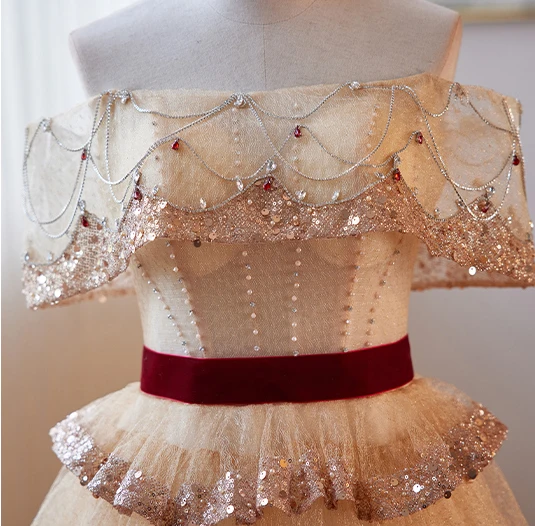 Charming Gold Beading Pearl Rhinestone Prom Dresses 2023 A-Line / Princess Off-The-Shoulder Short Sleeve Backless Floor-Length / Long Formal Dresses