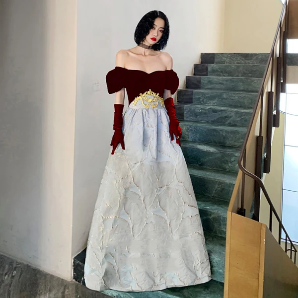 Fashion Burgundy Suede Prom Dresses 2022 A-Line / Princess Off-The-Shoulder Short Sleeve Backless Floor-Length / Long Prom Formal Dresses