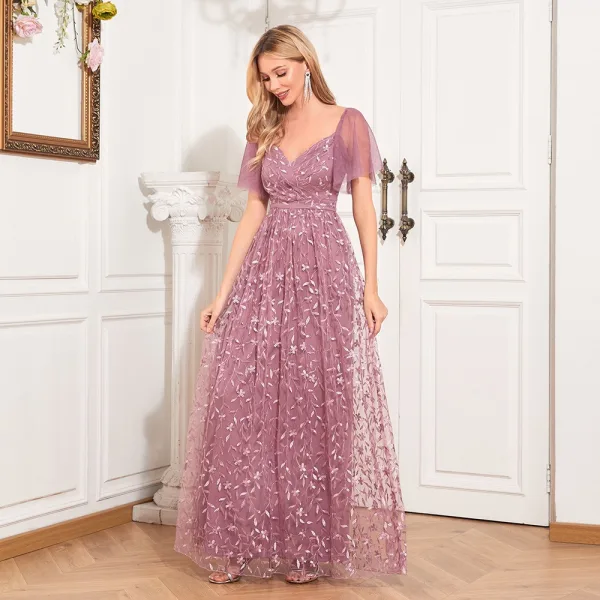 Elegant Blushing Pink Lace Flower Prom Dresses 2024 A-Line / Princess Square Neckline Short Sleeve Backless Floor-Length / Long Prom Formal Dresses