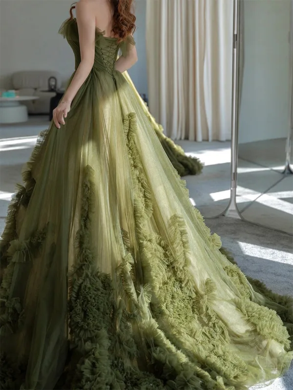 Chic / Belle Vert Cendré Noeud Ceinture Robe De Bal 2025 Princesse Bustier Sans Manches Dos Nu Train De Balayage Robe De Ceremonie