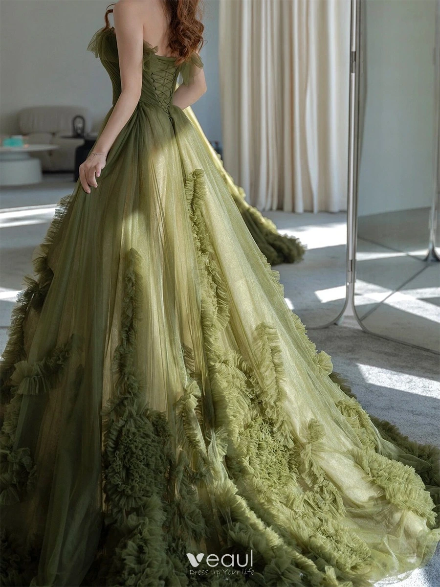 slim fit dress slacks Green Tulle Long A-Line Prom Dress, Cute Evening Dress main image 0