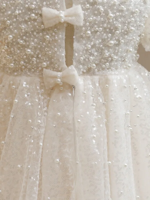 Elegant White Beading Pearl Sequins Wedding Flower Girl Dresses 2024 Ball Gown High Neck Short Sleeve Flower Girl Dresses Floor-Length / Long Tulle