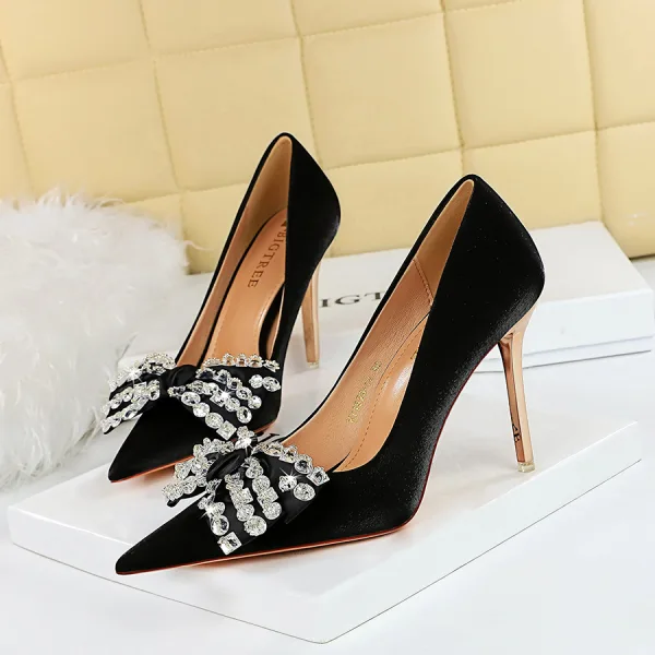 Chic / Belle Noire Faux Diamant Soirée Satin Escarpins Talons Hauts 2023 10 cm Talons Aiguilles À Bout Pointu Escarpins