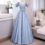 Chic / Beautiful Sky Blue Prom Dresses 2023 Ball Gown Pearl Square Neckline Puffy Short Sleeve Backless Bow Sash Floor-Length / Long Prom Formal Dresses