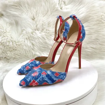 Mode Rouge Denim Soirée Chaussures Femmes 2024 Bride Cheville 12 Cm Talons Aiguilles À Bout Pointu Talons Hauts