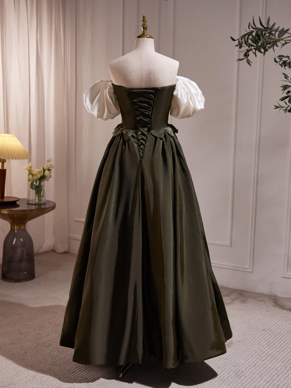 Vintage / Retro Dark Green Satin Prom Dresses A-Line / Princess 2023 Flower Off-The-Shoulder Puffy Short Sleeve Backless Floor-Length / Long Prom Formal Dresses