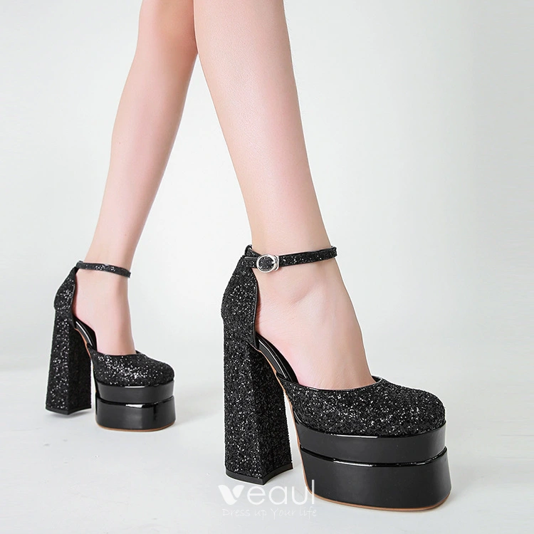 Black Rock Glitter Block Heel with Ankle Strap | Black sparkly heels, Heels,  Black heels low