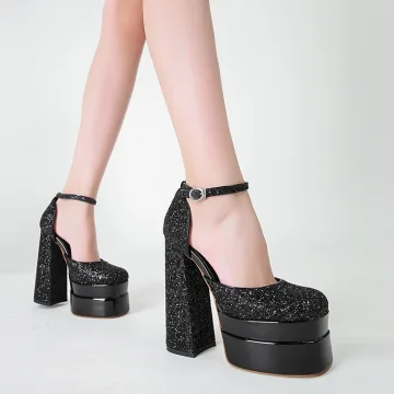 Sparkly Black Sequins Evening Party Womens Shoes 2022 Ankle Strap 15 Cm Thick Heels Round Toe Womens Shoes High Heels