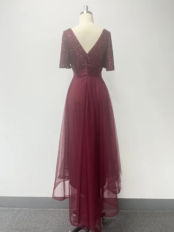 Chic / Belle Bordeaux Paillettes Asymétrique Robe De Bal 2024 Princesse V-Cou Manches Courtes Dos Nu Promo Robe De Ceremonie
