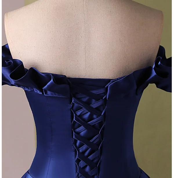 Vintage / Retro Elegant Navy Blue Satin Prom Dresses 2024 Ball Gown Off-The-Shoulder Short Sleeve Backless Floor-Length / Long Prom Formal Dresses