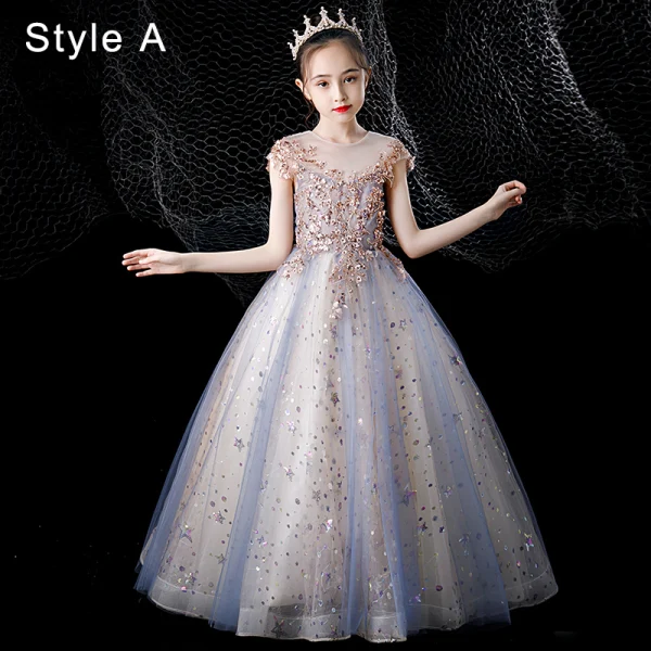 Charmant Bleu Ciel Perlage Étoile Paillettes Anniversaire Robe Ceremonie Fille 2022 Robe Boule Encolure Dégagée Sans Manches Dos Nu Longue Robe Ceremonie Fille