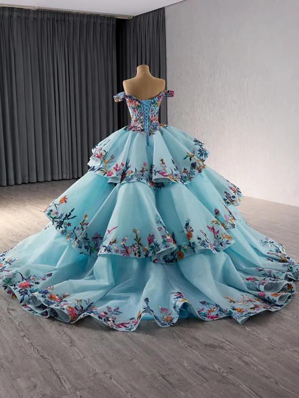 Fancy High-end Pool Blue Beading Cascading Ruffles Handmade  Sequins Lace Flower Prom Dresses 2024 Ball Gown Off-The-Shoulder Sleeveless Backless