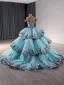 Fancy High-end Pool Blue Beading Cascading Ruffles Handmade  Sequins Lace Flower Prom Dresses 2024 Ball Gown Off-The-Shoulder Sleeveless Backless