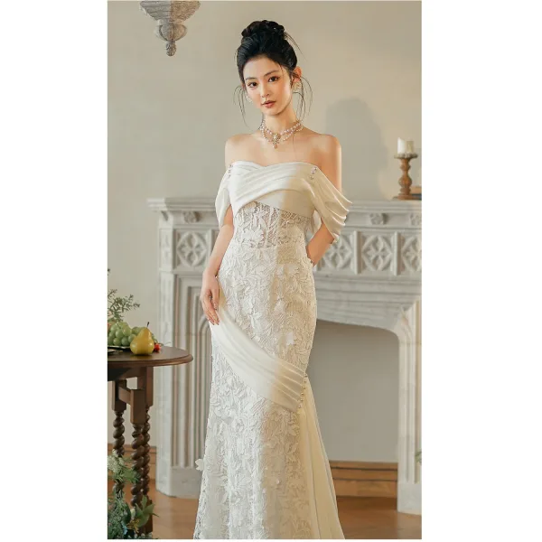 High-end White Pearl Lace Flower Wedding Dresses 2025 Trumpet / Mermaid Off-The-Shoulder Sleeveless Backless Sweep Train Wedding