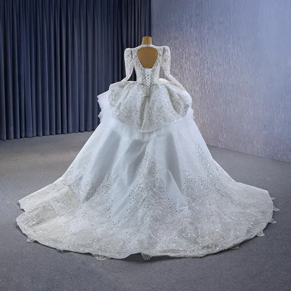 Luxury / Gorgeous Sparkly White Handmade  Beading Pearl Rhinestone Sequins Cascading Ruffles Wedding Dresses 2023 Ball Gown Scoop Neck Long Sleeve Backless