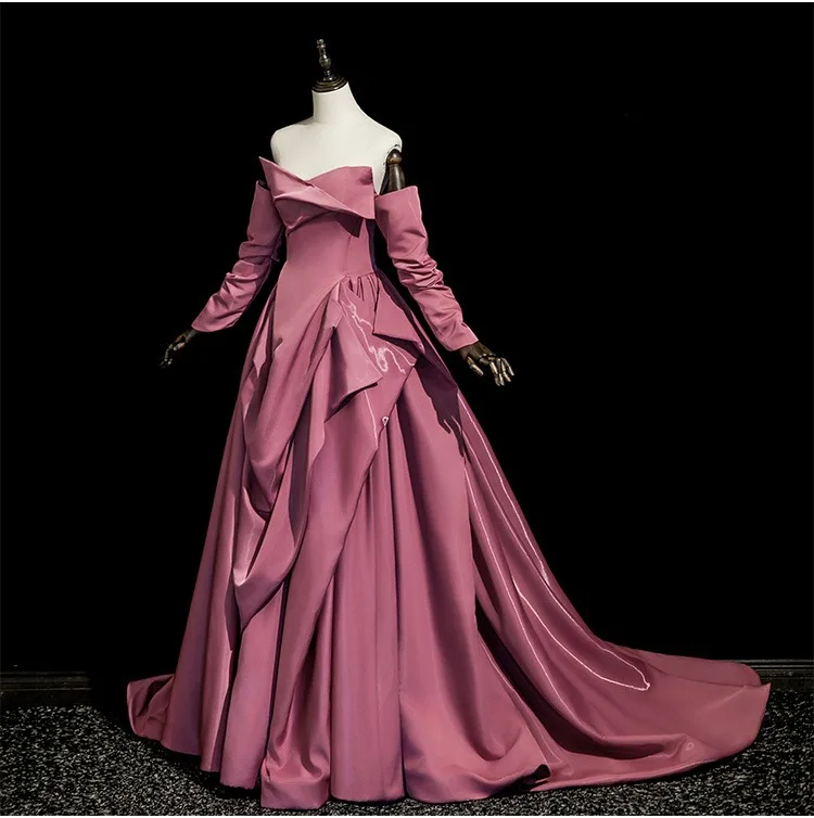 Fashion Fuchsia Satin Prom Dresses 2025 Ball Gown Strapless 3 4 Sleeve Backless Sweep Train Formal Dresses Fashion Fuchsia Satin Prom Dresses 2025 Ball Gown Strapless 3 4 Sleeve Backless Sweep Train Formal Dresses