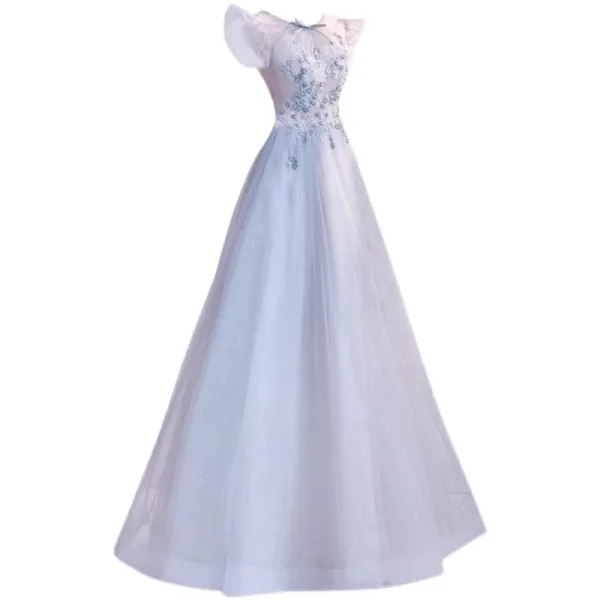 Chic / Beautiful Sky Blue Beading Pearl Rhinestone Prom Dresses 2023 A-Line / Princess Scoop Neck Bow Sleeveless Backless Floor-Length / Long Prom Formal Dresses
