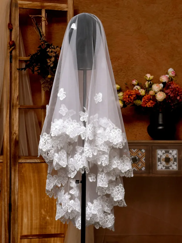 Elegant White Lace Butterfly 1.5 m Tulle Wedding Veils 2025