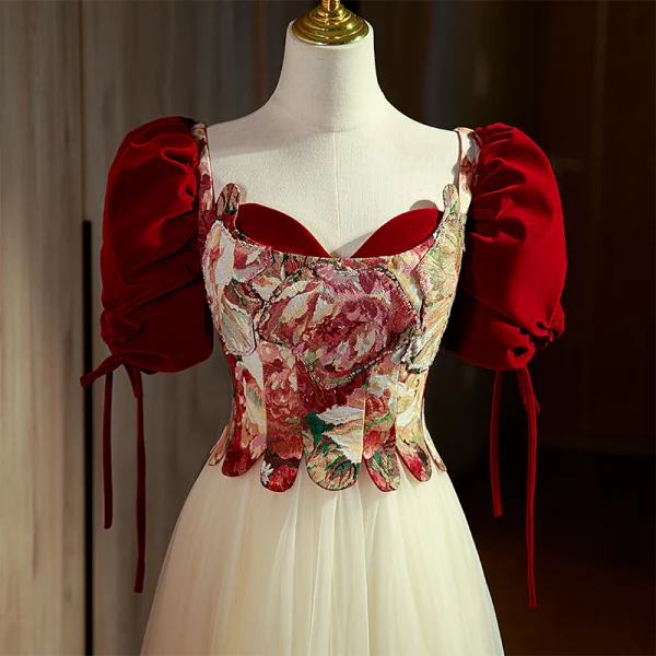 Elegant Burgundy Printing Prom Dresses 2022 A-Line / Princess Square Neckline Short Sleeve Backless Bow Floor-Length / Long Formal Dresses