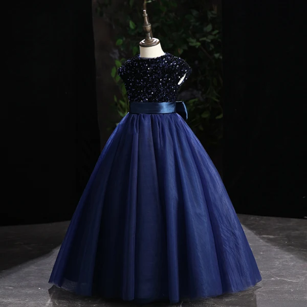 Vintage / Retro Chic / Beautiful Navy Blue Sequins Prom Flower Girl Dresses 2022 Ball Gown Scoop Neck Bow Sash Sleeveless Floor-Length / Long Flower Girl Dresses