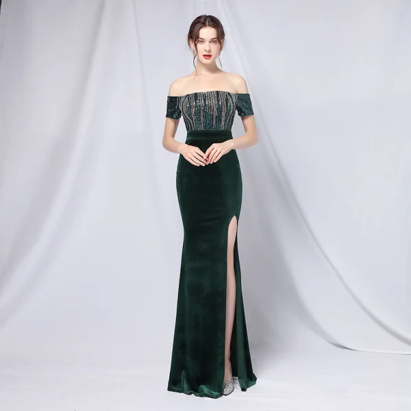 Sexy Black Sequins Evening Dresses 2022 Trumpet / Mermaid Off-The-Shoulder Short Sleeve Backless Split Front Floor-Length / Long Prom Formal Dresses
