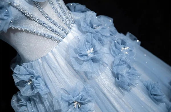 Chic / Beautiful Sky Blue Appliques Rhinestone Prom Dresses 2025 A-Line / Princess Off-The-Shoulder Short Sleeve Backless Floor-Length / Long Prom Formal Dresses
